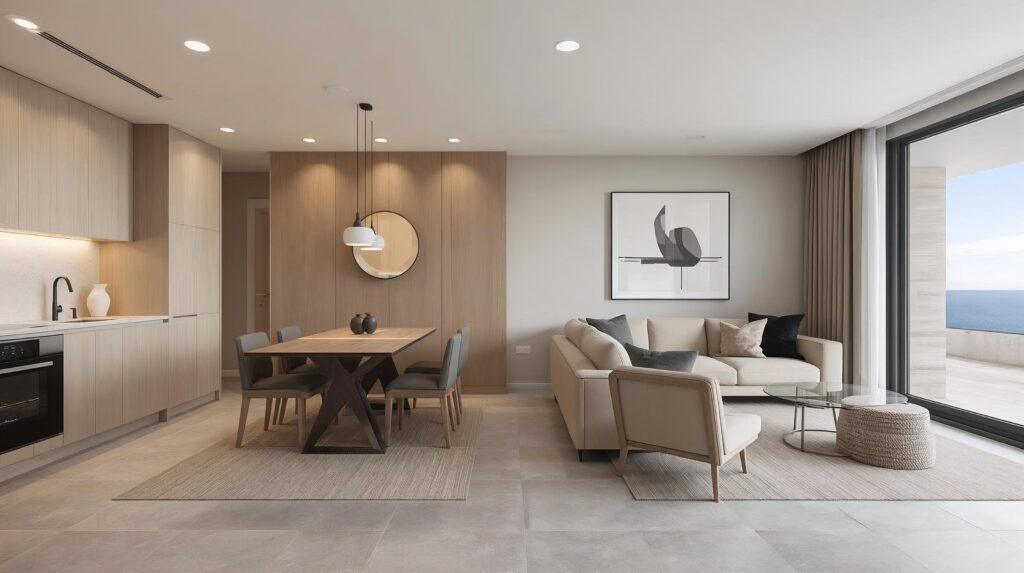 he image displays a modern, open plan interior design for a compact living space that integrates a kitchen, dining area, and living room. design style the space features a minimalist and con (1)